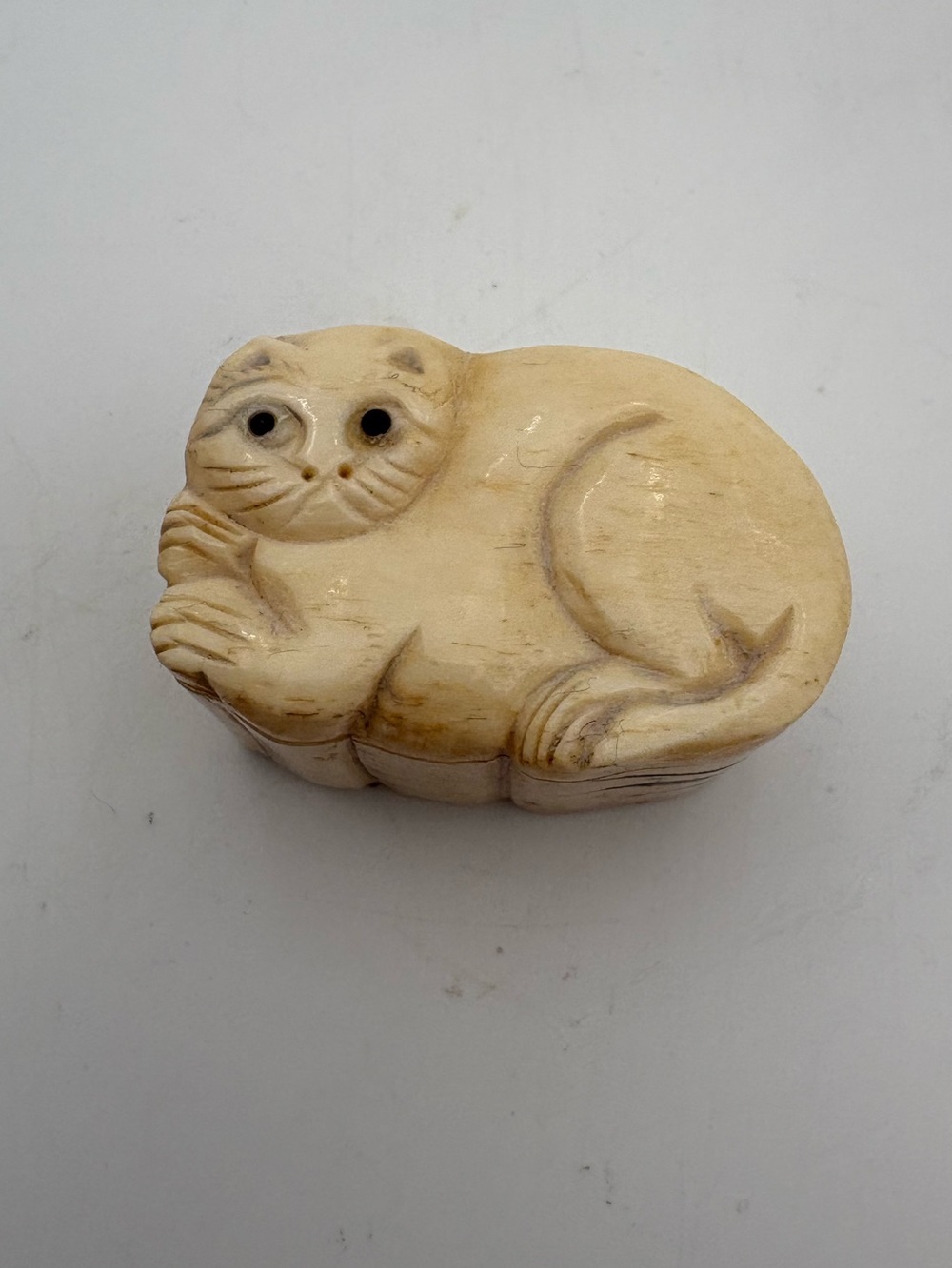 Vintage or Antique Miniature Ivory-Tone Cat Box - Carved Bone
